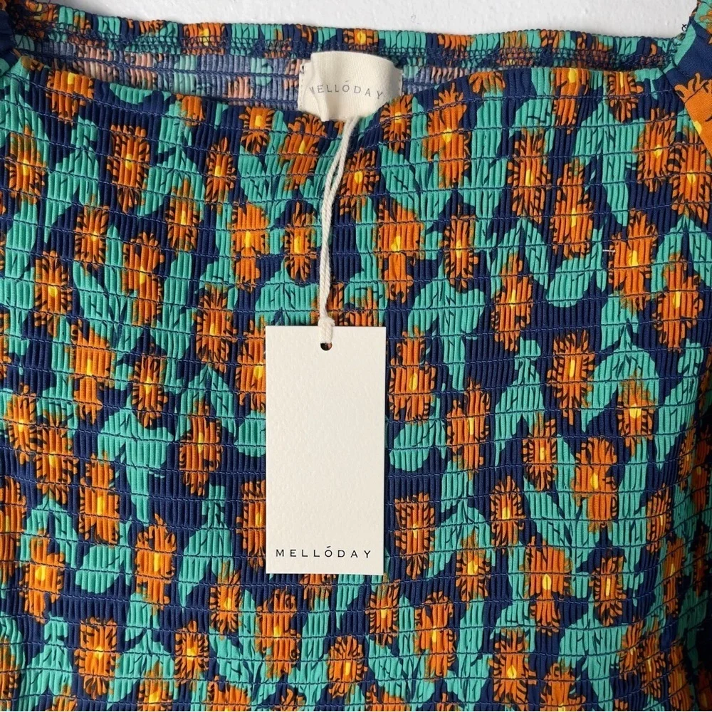 NWT Melloday Smocked Puff Sleeve Floral Mini Dress Navy Orange With Pockets M